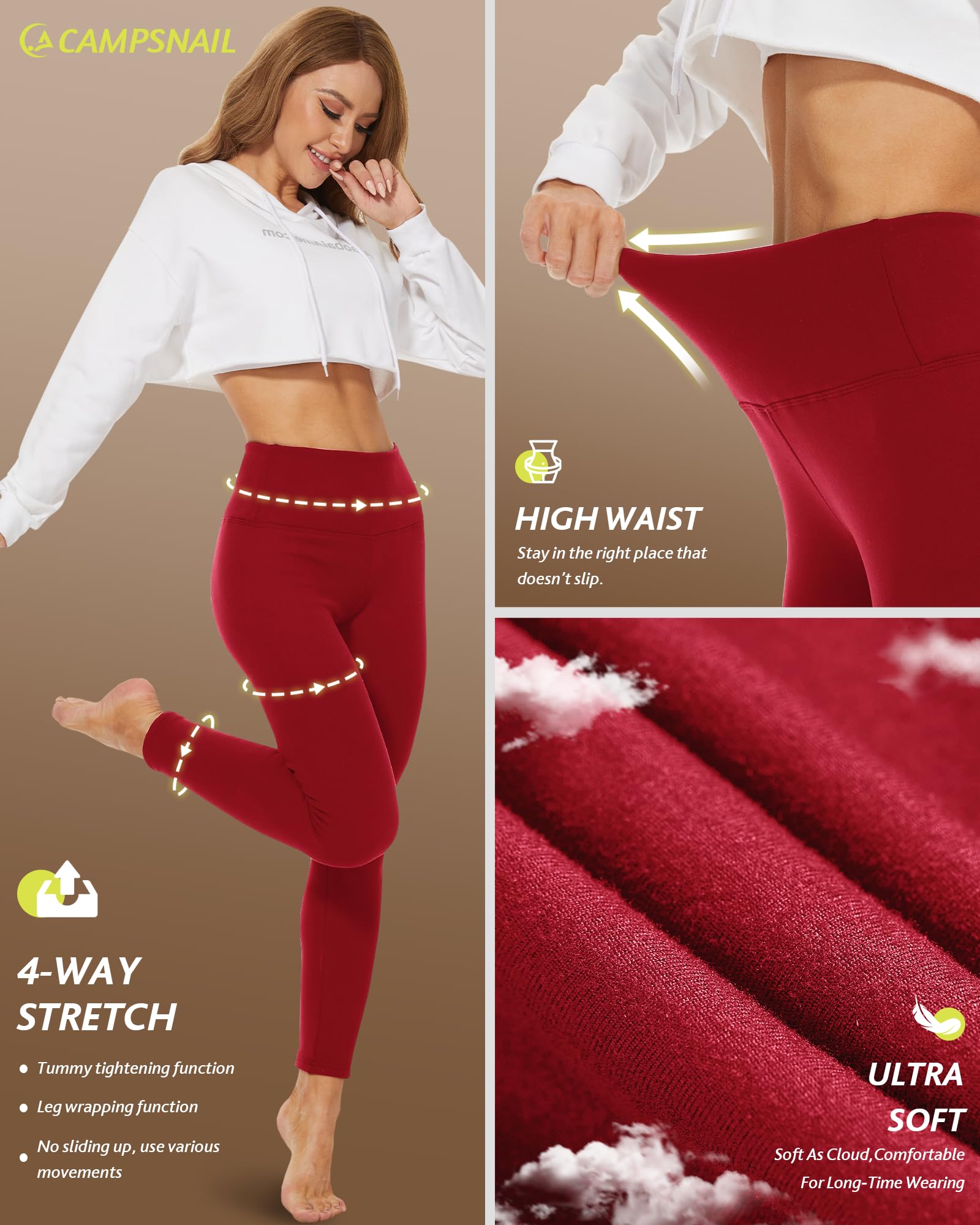 CAMPSNAIL Fleece Lined Leggings Women - Thick Soft High Waisted Black Tummy Control Thermal Warm Velvet Pants for Cold Winter: Red Large