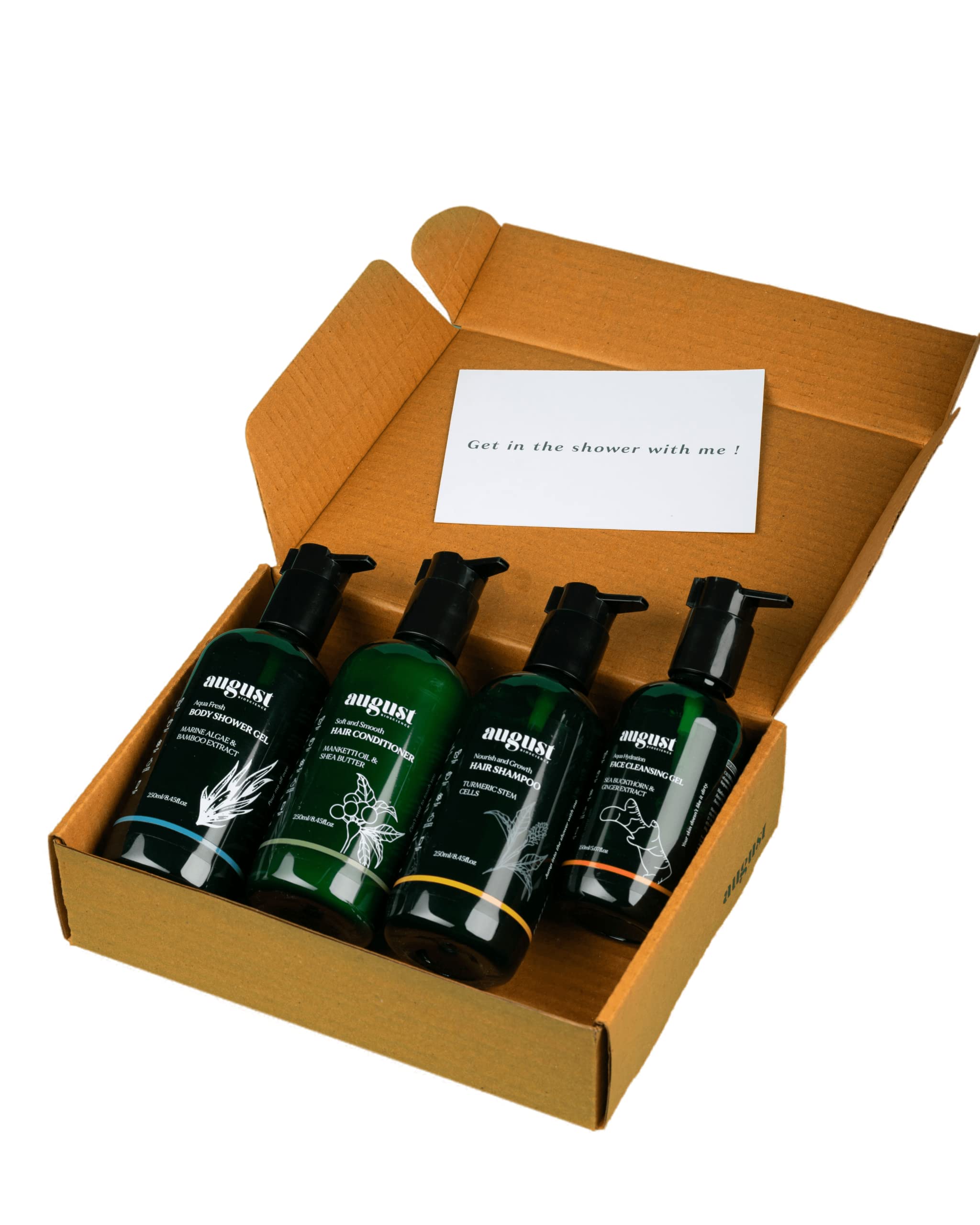 August BioscienceFace, Body & Hair Combo | Marine Algae Shower Gel | Face Cleansing Gel | Turmeric Stem Shampoo | Hair Conditioner for all Skin Types | Parabens, Sulphate, Silicones - Pack of 4