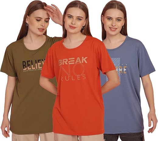 Mack Jonney Printed Round Neck Cotton Regular Fit Half Sleeves Tshirt for Women(Pack of 3)-MACK631301