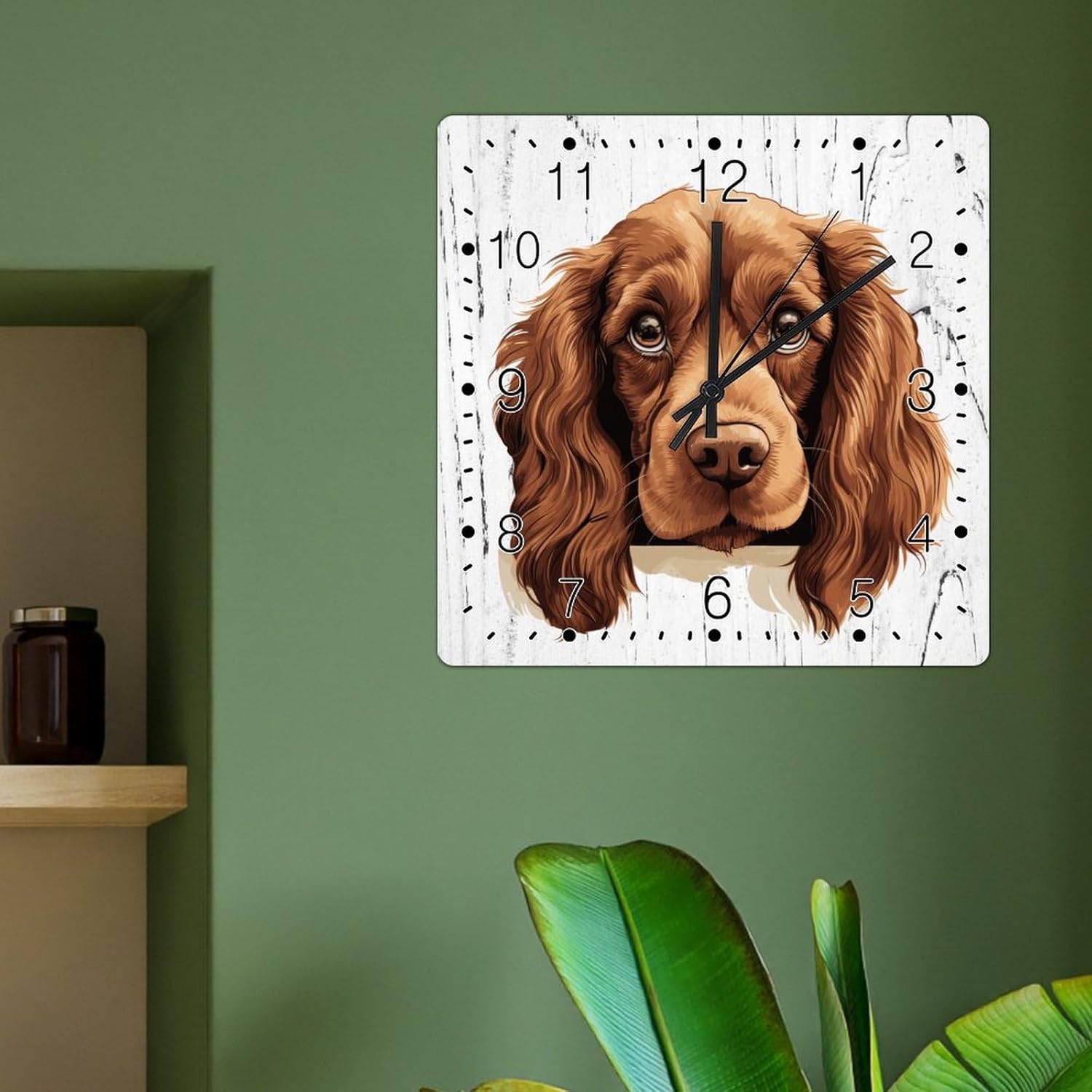 Sussex Spaniel Wall Clock Sussex Spaniel Cute Funny Peeking Dog Puppy Wood Wall Clock Pet Owner Gift Square Art Clocks Non-Ticking Silent Wall Clock for Home Living Room 15x15in