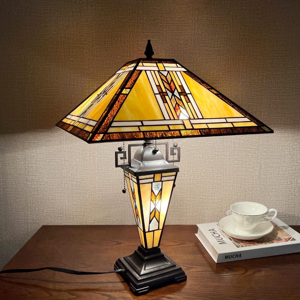 Tiffany Table Lamps with Nightlight,16" Wide Handmade Stained Glass Desk Lamp for Reading,3-Lights Mission Style Antique Nightstand Light for Living Room Bedroom Office