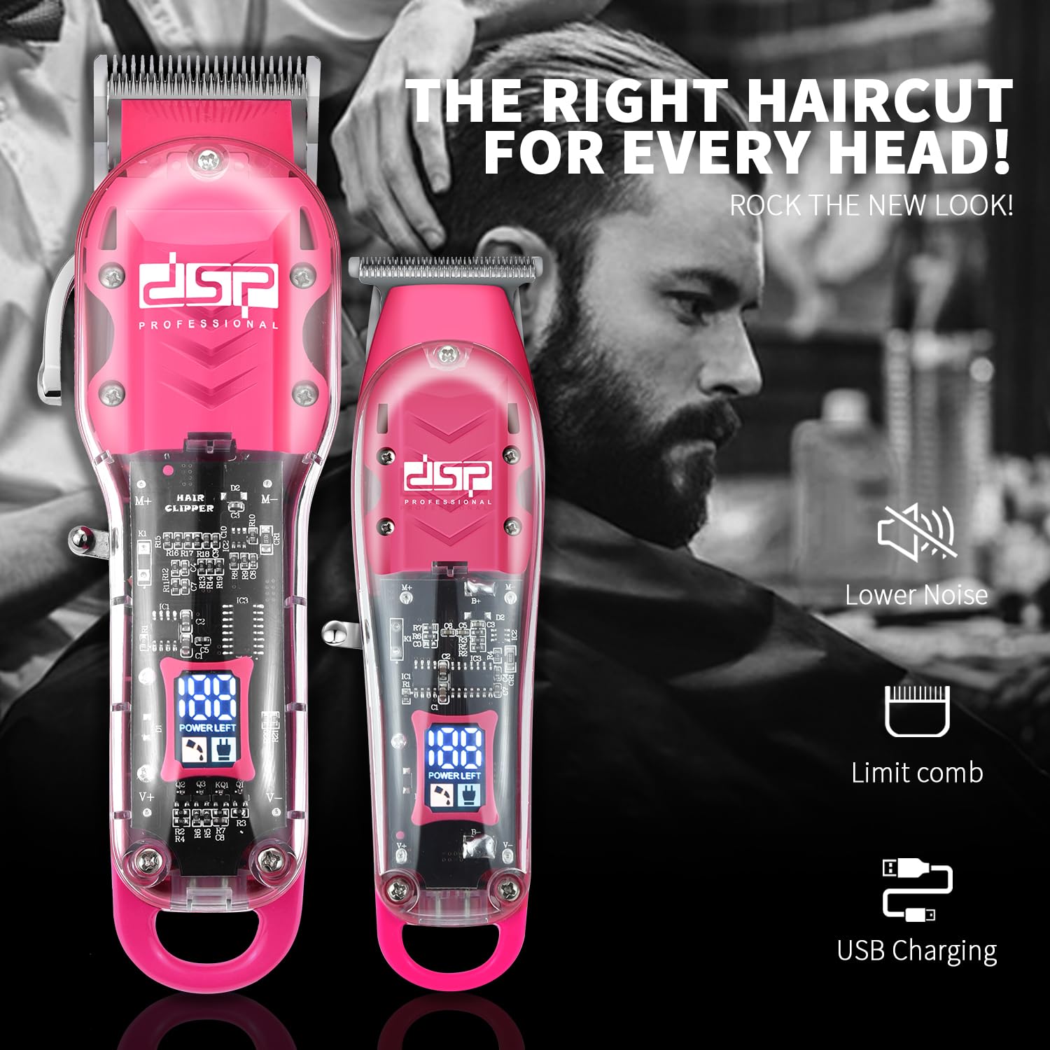 DSP® Kit Tagliacapelli per Uomo - Set da Barbiere Professionale per Taglio Capelli e Barba - Tagliacapelli a Distanza Zero Con Display LED (Rosa)