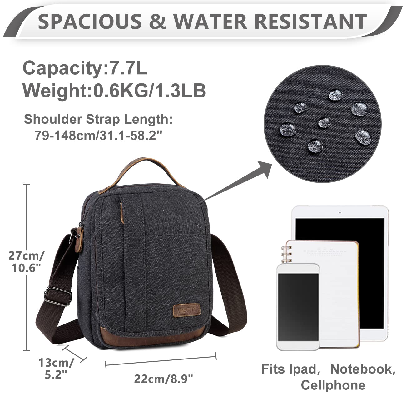 VASCHY Bolso Bandolera Hombre Pequeño de Lona y Cuero, Resistente al Agua, 7,7 L, Cabe iPad 10,2", Bolsillo Trasero Antirrobo, Múltiples Bolsillos, Para Trabajo y Viaje, Gris Oscuro