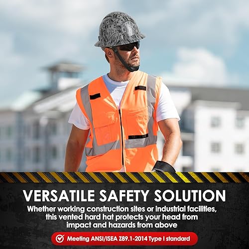 Miniatura 7 de Casco duro de ala completa HDPE, casco de seguridad de construcción con orificios ventilados, suspensión de trinquete ajustable de 6 puntos, cumple