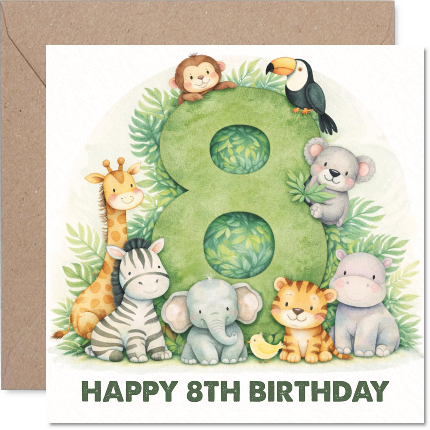 Playful 8th Birthday Card - Bursting with Birthday Cheer - Cute Animal Gang Circles a Bold Number 8-145mm Square, Envelope Included