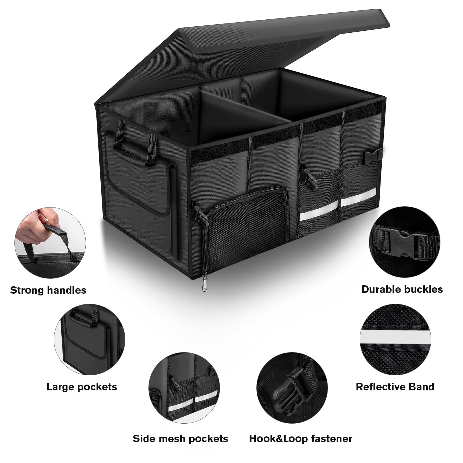 Carehabi Organizer per bagagliaio, 72 l, con coperchio, XXL, pieghevole, con scomparti e tasche, per bagagliaio, misura regolabile, accessorio per il campeggio, picnic