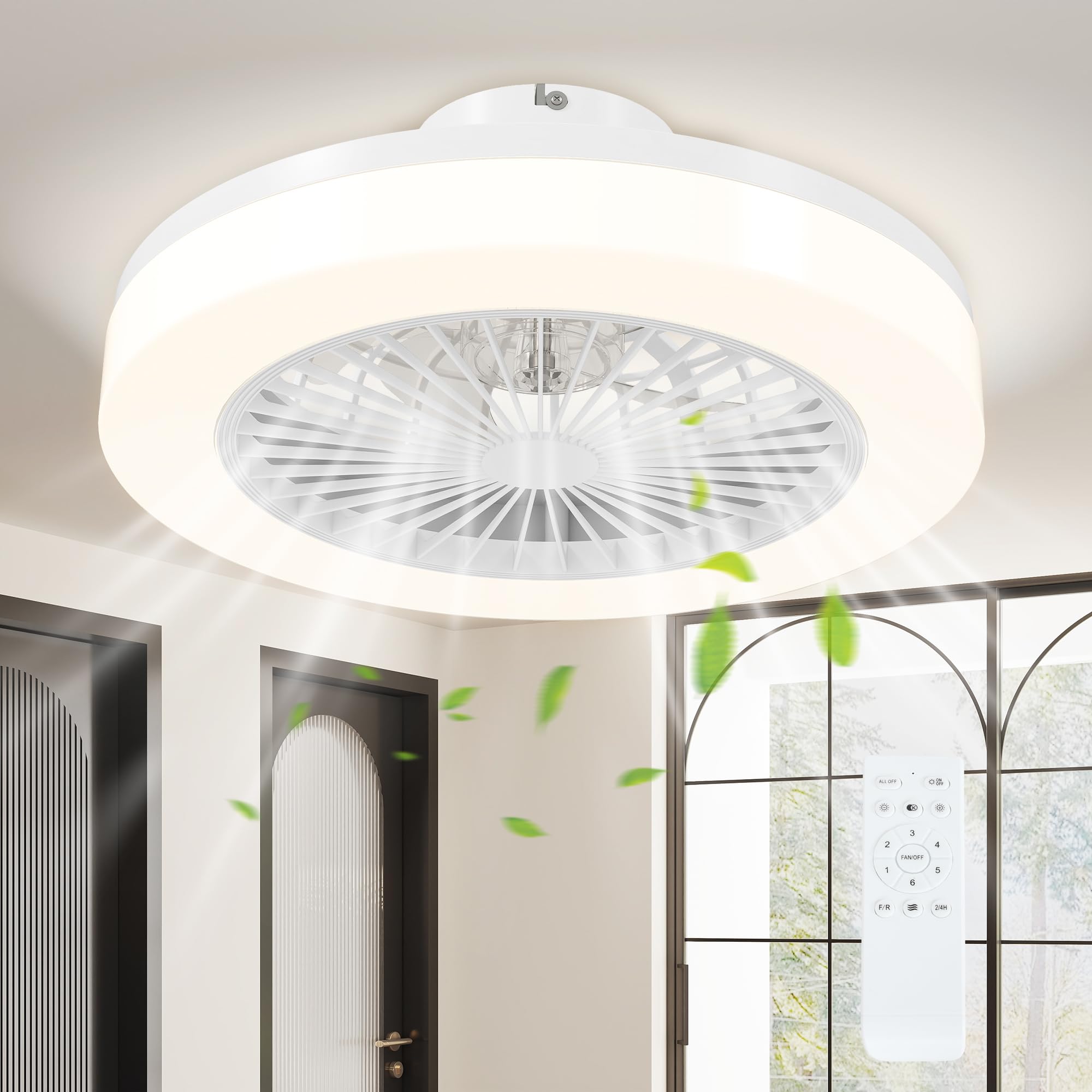 HOMCOM Ventilatore a Soffitto con Luce LED Regolabile Ø46x16 cm Bianco | Telecomando, Timer, 6 Velocità, Flusso d'Aria Reversibile, Ventilatore da Soffitto in Acrilico e Plastica