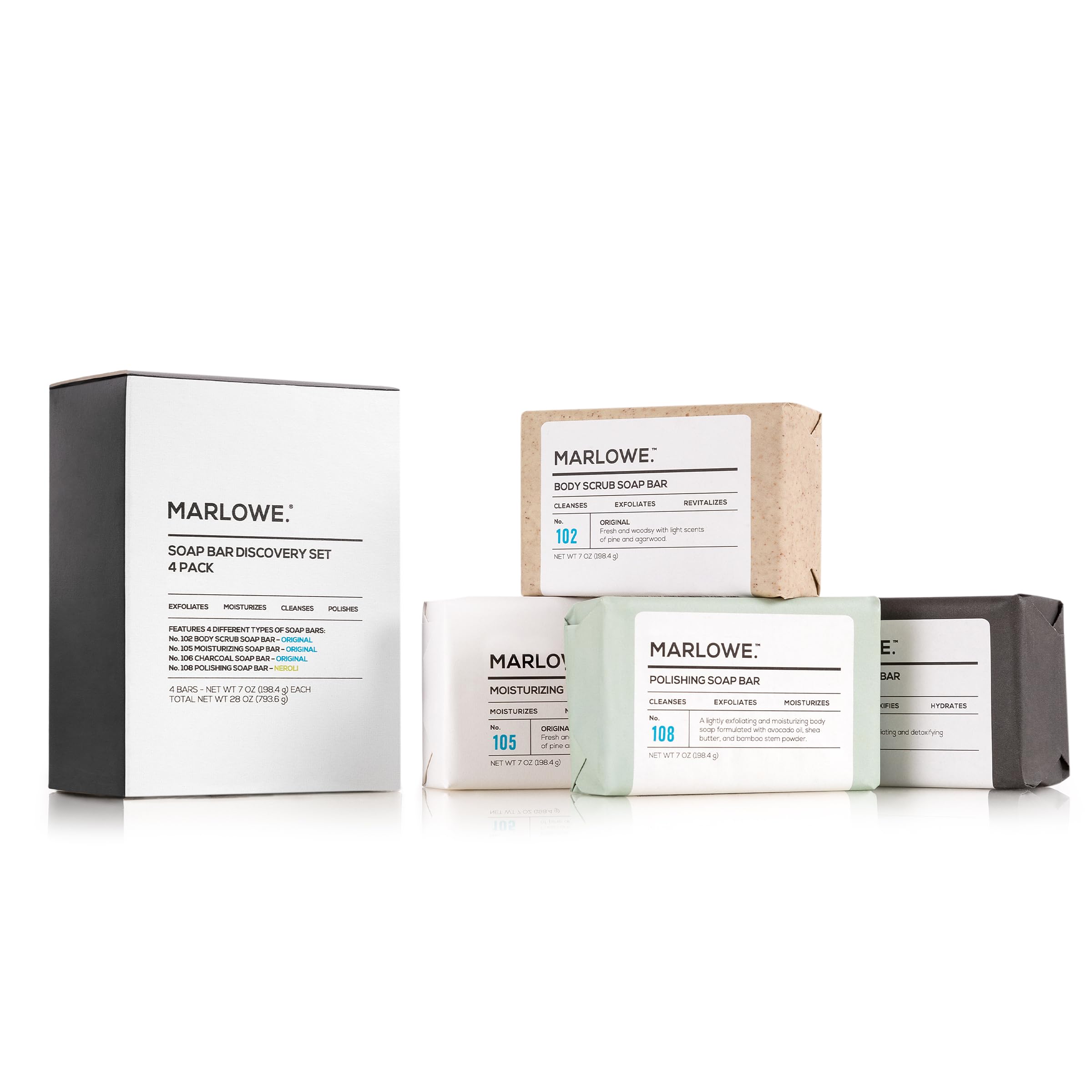 MARLOWE. Soap Discovery Gift Set, Mens Skin Care Variety Selection of Exfoliating Body Scrub, Charcoal, Moisturizing & Polishing Body Bar Soaps for Men, 4 Pack