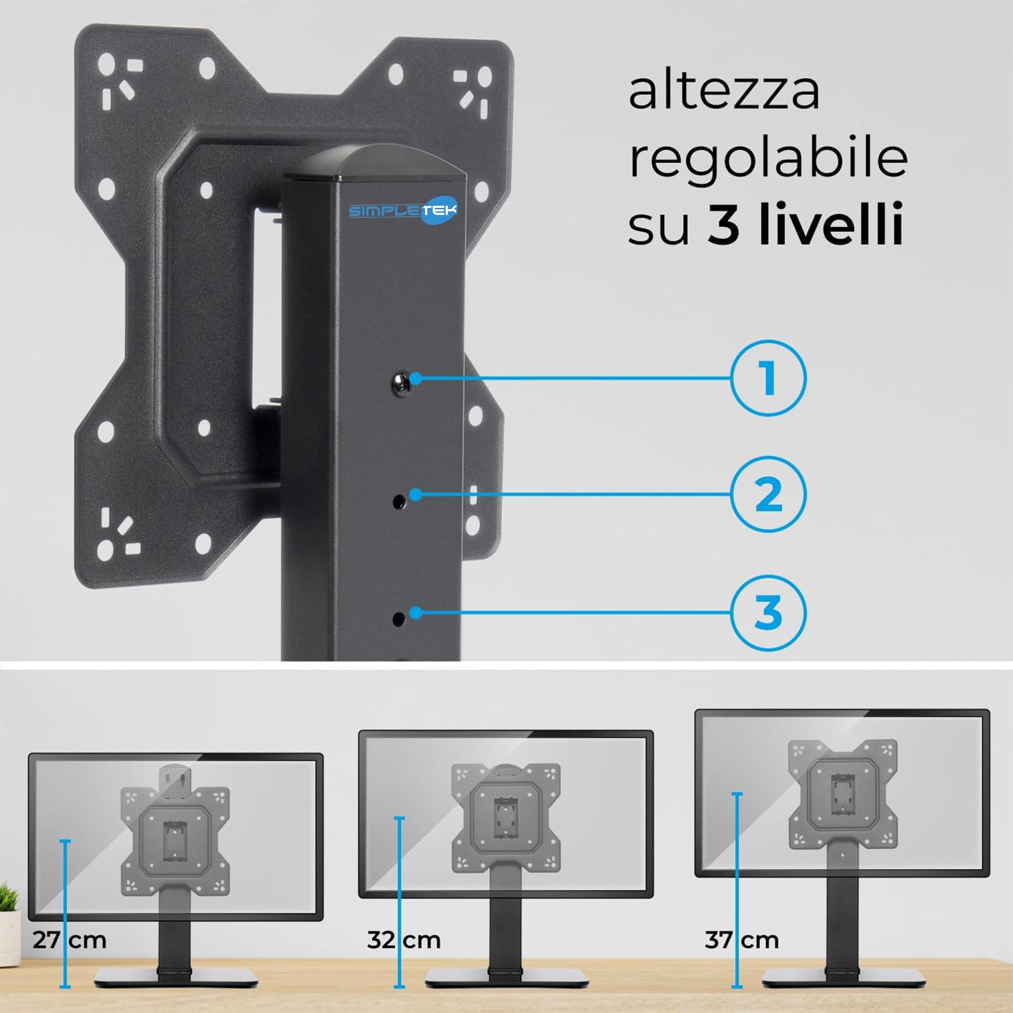 SIMPLETEK - Supporto da Tavolo Universale per Monitor e TV 23"-43" - Base in Vetro Temperato - Max 40kg - VESA 200x200 - Design Slim Nero