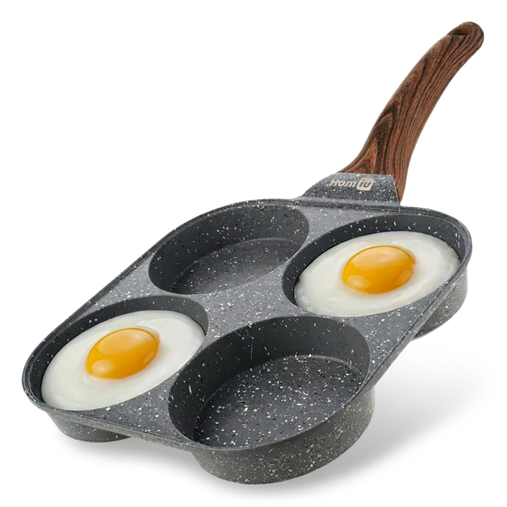Homiu Egg Frying Pan – 4-Cup Non Stick Omelette, Pancake & Poached Egg Pan with Heat-Resistant Handle | Induction Hob Compatible, Easy Clean Breakfast Skillet, PFOA Free Aluminium Pan (Black)