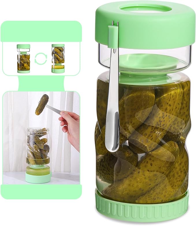 fruui Glass Pickle Jar with Strainer Flip and Stainless Steel Fork