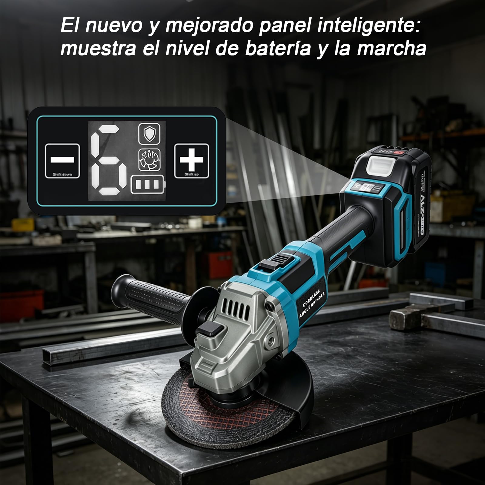 YEARTOP Amoladora angular con batería, 125 mm, 21 V, sin escobillas, con 2 baterías de 4,0 Ah, modo automático y 6 velocidades variables (máx. 10000 rpm), pantalla LED, husillo M14, desconectar y