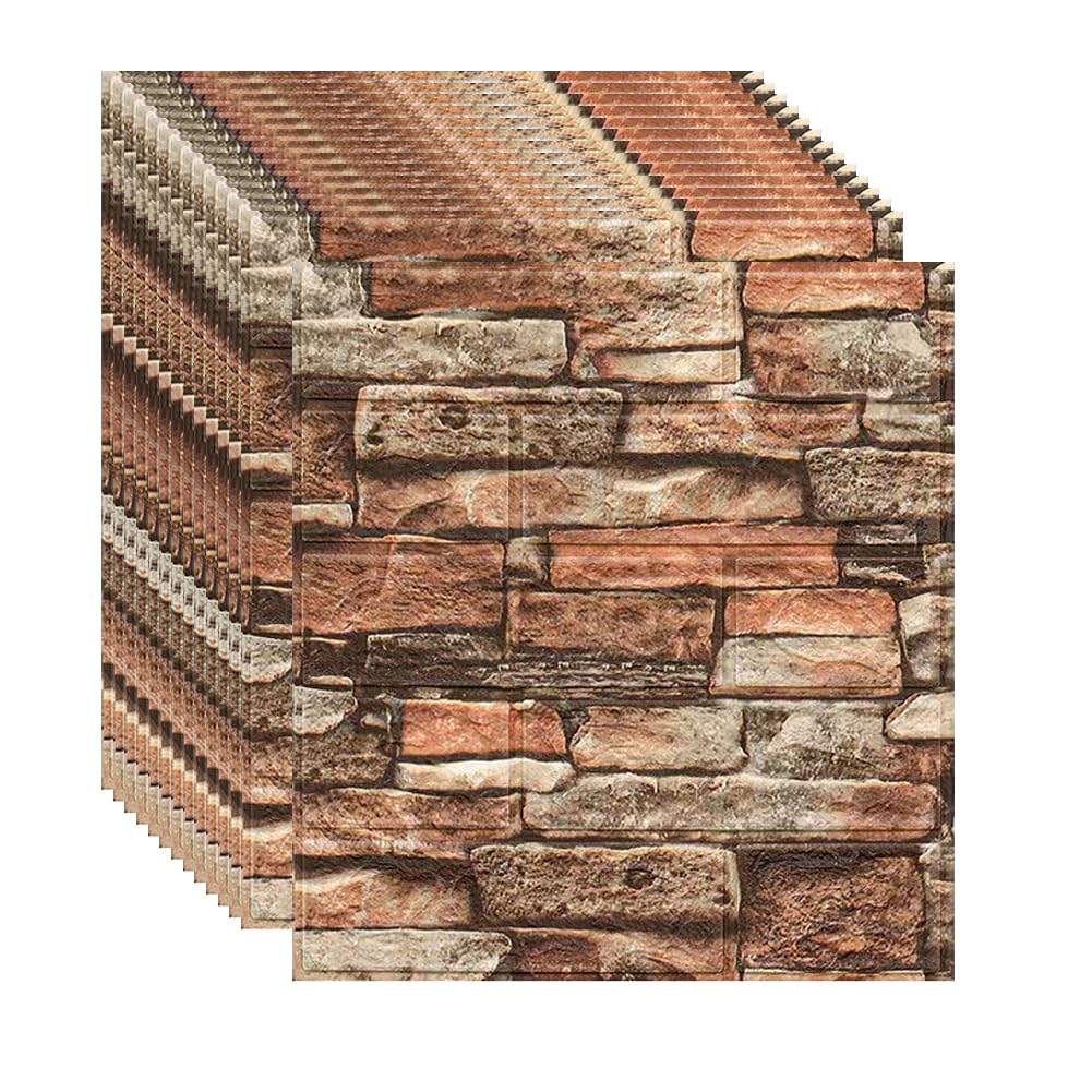 Ray-Velocity 3D Wall Panels Self Adhesive PE Foam Waterproof Removable Faux Marble 3D Wallpaper Peel and Stick Marble Brick Paneling for Kitchen, Living Room, DIY Wall Decoration (24 Pack, Red Rock)