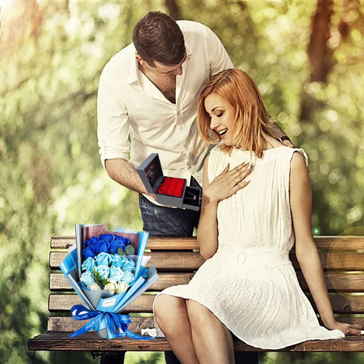 EIGHTOWN Roses Bouquet Artificial Flower - Preserved Blue Rose Flowers with Love Necklace for Her - Unique Gifts Valentine's Day, Mother's Day, Thanksgiving, Birthday, Anniversary - Image 6