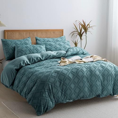 Miniatura 2 de JELLYMONI Juego de funda de edredón azul grisáceo, talla individual, 3 piezas, microfibra, estilo capitoné, texturado, bohemio, patrón geométrico de