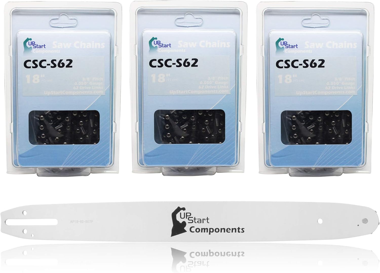 Replacement 18" Single Rivet Bar and 18" Semi Chisel Chain Combo for Troy-Bilt TB4018 Chainsaw (18" Length, 3/8" Pitch, 0.050" Gauge, 62 Drive Links, 7 Sprocket Nose Tooth) 1 Bar 3 Chains