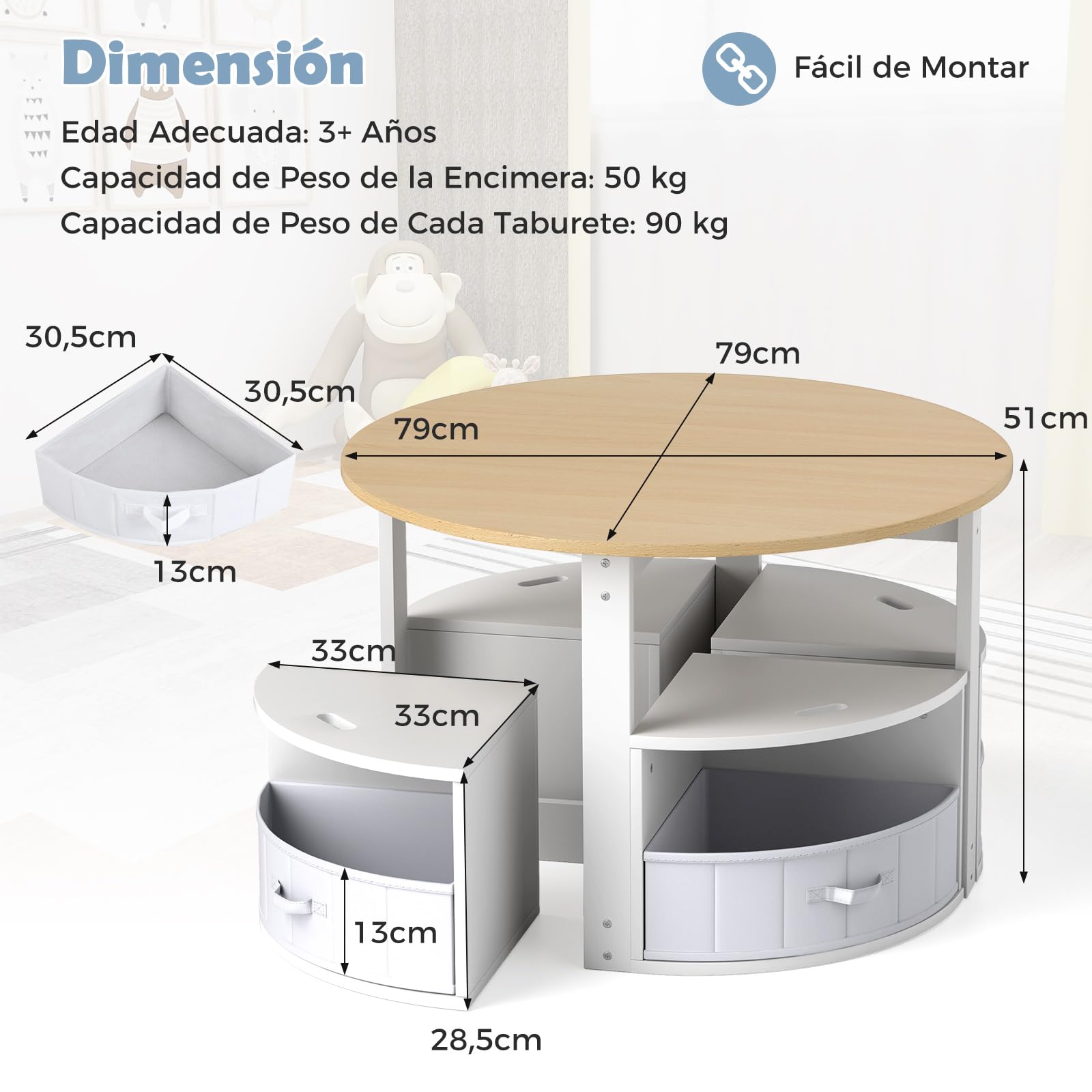 GOPLUS Juego de Mesa y Sillas para Niños de 5 Piezas, Mesa Redonda con 4 Taburetes Apilables con Cajones de Tela, Asientos de Madera con Almohadillas Antideslizantes para Niños de 3+ Años (Natural)