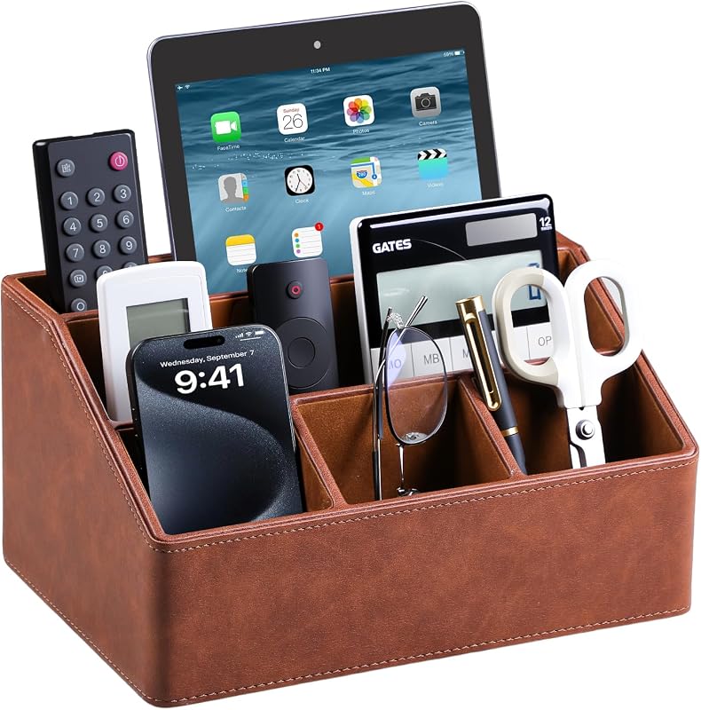 PU Leather Desk Organizer, Remote Control Holder, Brown | Luxury Nightstand Organizer for Home, Office Desk Accessories, Bedside Table Caddy with 5 Compartments, Velvet Lining
