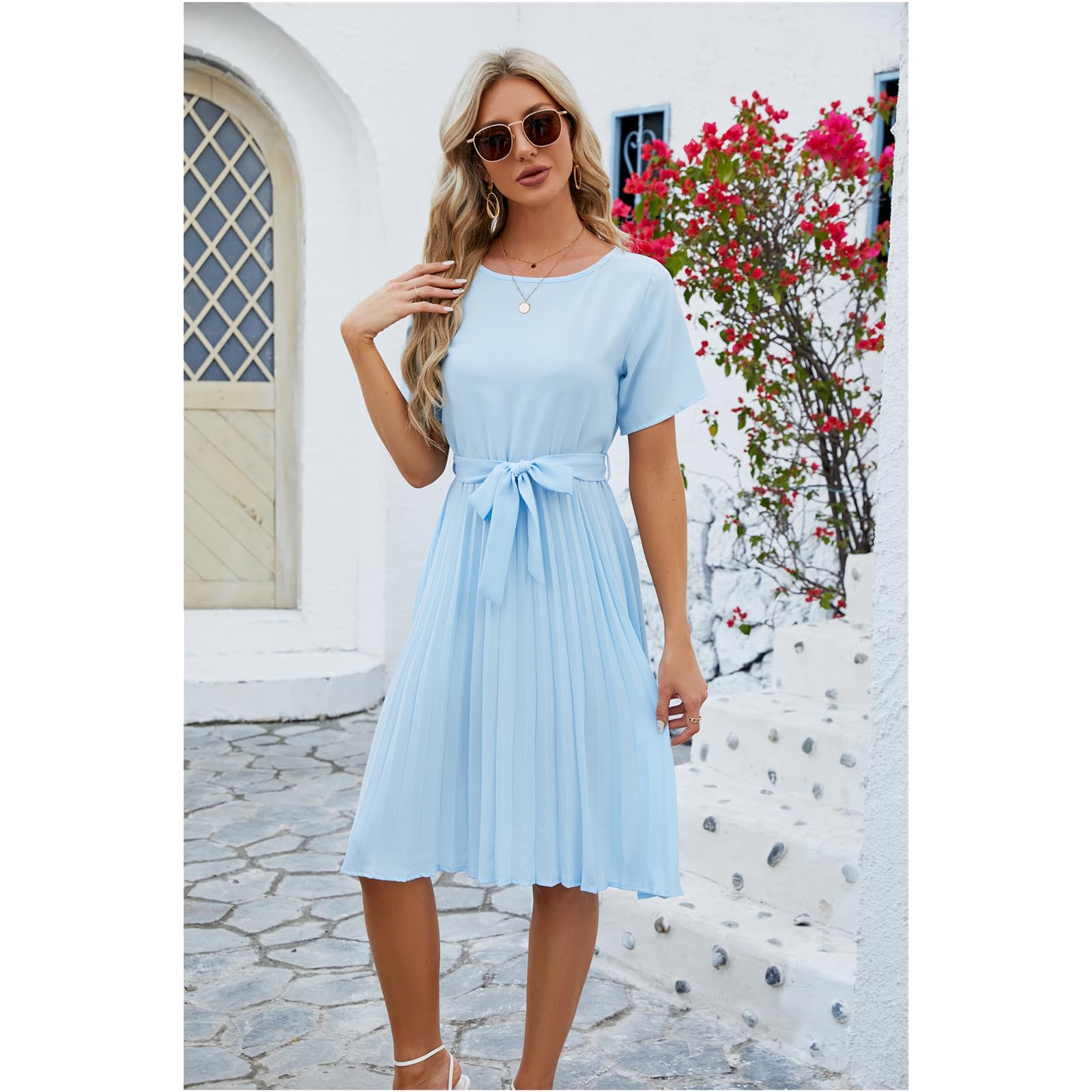 Vestido de Verano Vestido de Mujer con Cuello Redondo Y Mangas Cortas Plisadas Hasta la Rodilla, HUTALIM, Blanco, m