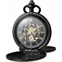 ManChDa Silver Mechanical Pocket Watch with Chain - Retro Smooth Classic Handwind - Roman Numerals for Men & Women