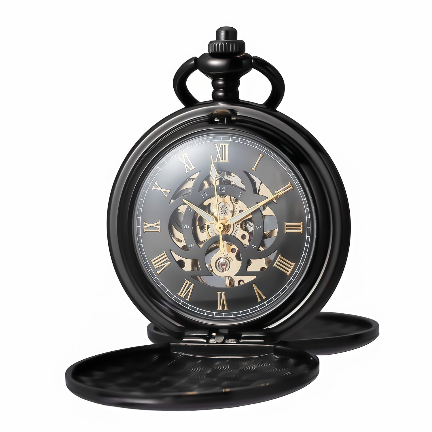Mechanical Pocket Watch with Chain - Retro Smooth Classic Handwind - Roman Numerals for Men & Women Black-image-34
