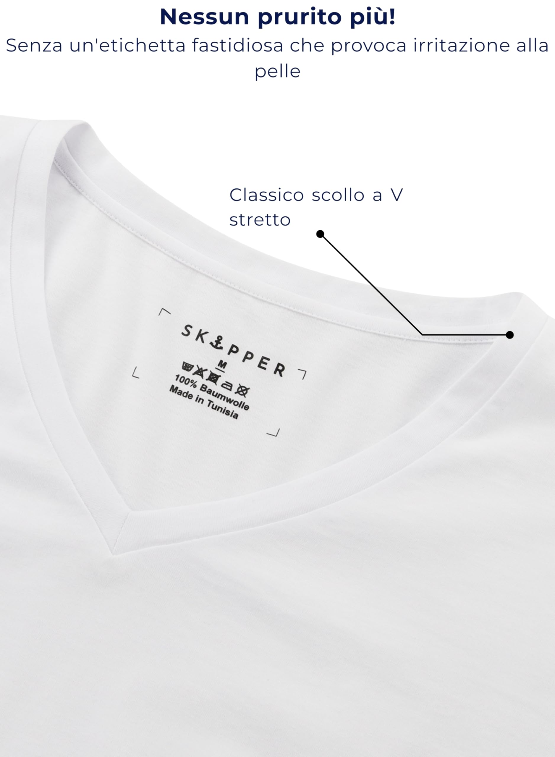 SKIPPER Confezione da 3 T-Shirt Uomo Scollo a V 100% Cotone – Magliette Intime Slim Fit, Traspiranti e Confortevoli, Bianco, S–3XL