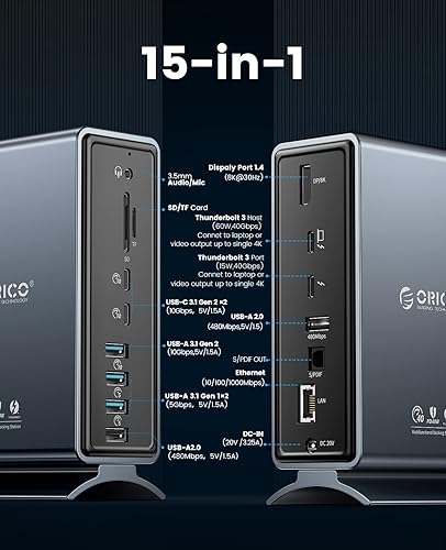 Miniatura 2 de ORICO Base Thunderbolt 3, estación de acoplamiento USB C, estación de acoplamiento 15 en 1 para portátil USB-C, pantalla individual 8K y doble 4K,