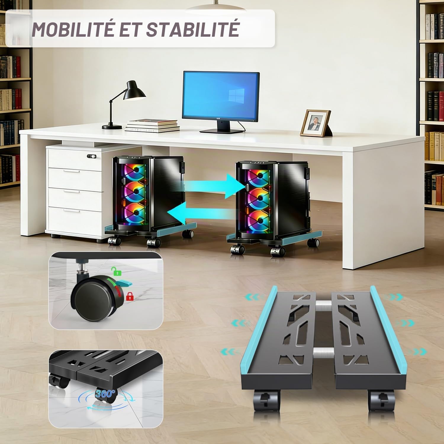 Support CPU réglable universel pour PC ordinateur de bureau avec roues pivotantes et roulettes Noir
