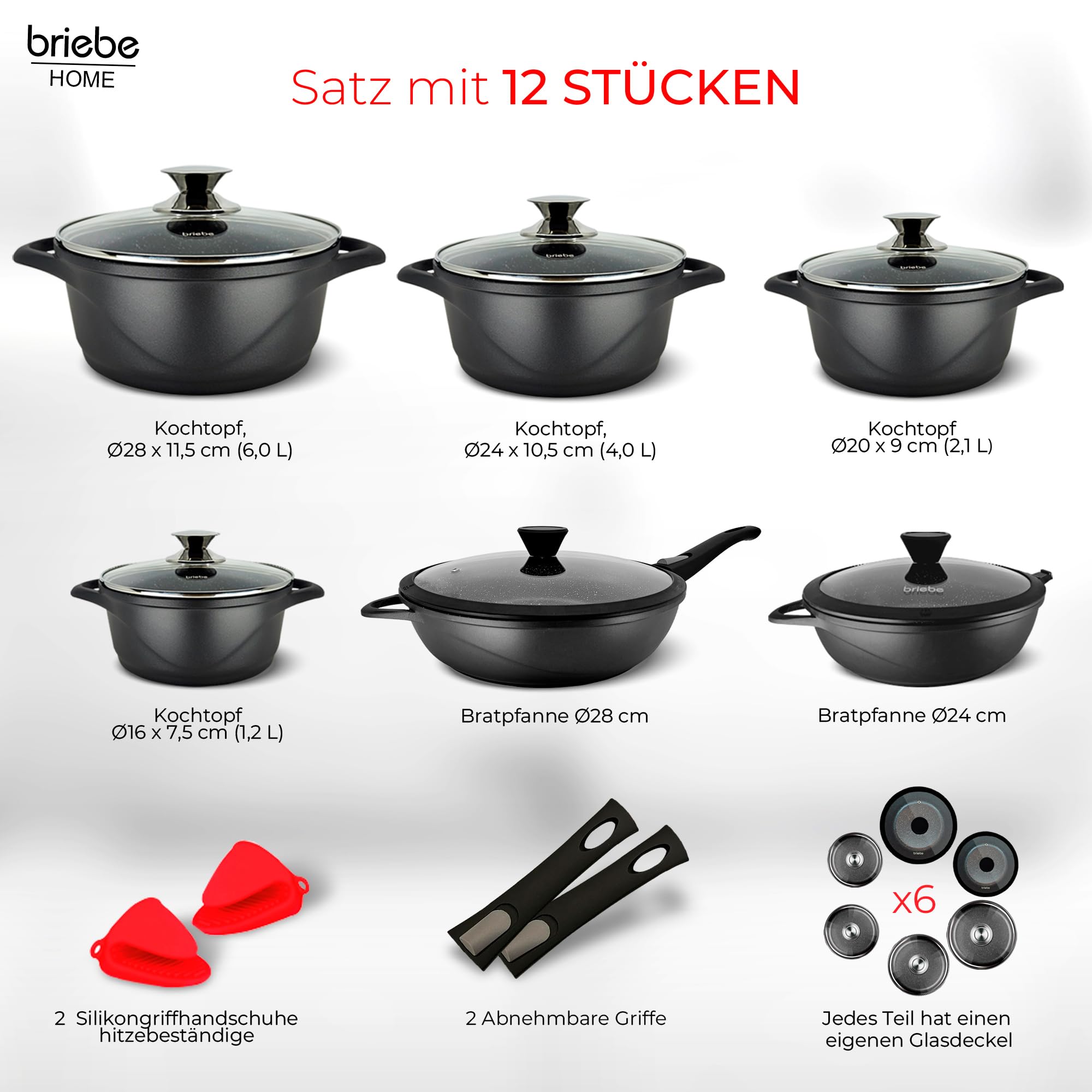briebe Induktions-Kochgeschirr-Set 12 Teile, Set mit 4 Töpfen aus Aluminiumguss + 2 Pfannen, Antihaftbeschichtung ILAG GRANITEC ohne PFOA, Kasserolle-Set mit Glasdeckeln, Silikonhandschuhe