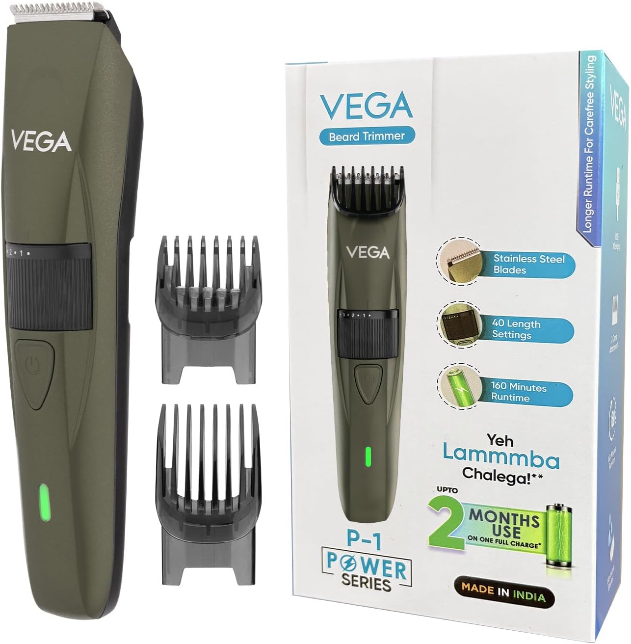 P1 Battery Powered Beard Trimmer for Men, USB C Type, 160 Mins Runtime & 40 Length Settings, 2 Beard Comb, Cord-Cordless Use, Hair Trimmer, Shaving Machine, 1 Yrs Warranty (Power Series, VHTH-25)