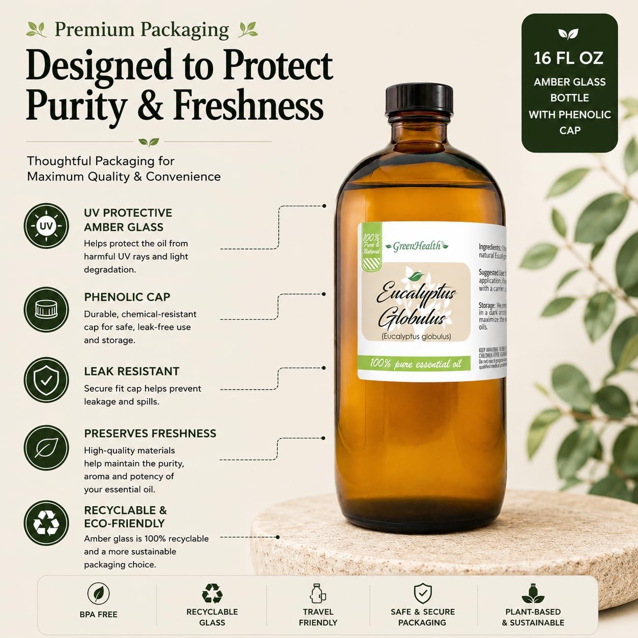 GreenHealth Eucalyptus Essential Oil – 16 fl oz (473 ml) – 100% Pure & Natural – Bulk Aromatherapy Oil in Amber Glass Bottle – for Diffuser, Cleaning, Room Spray, Home Fragrance image 2