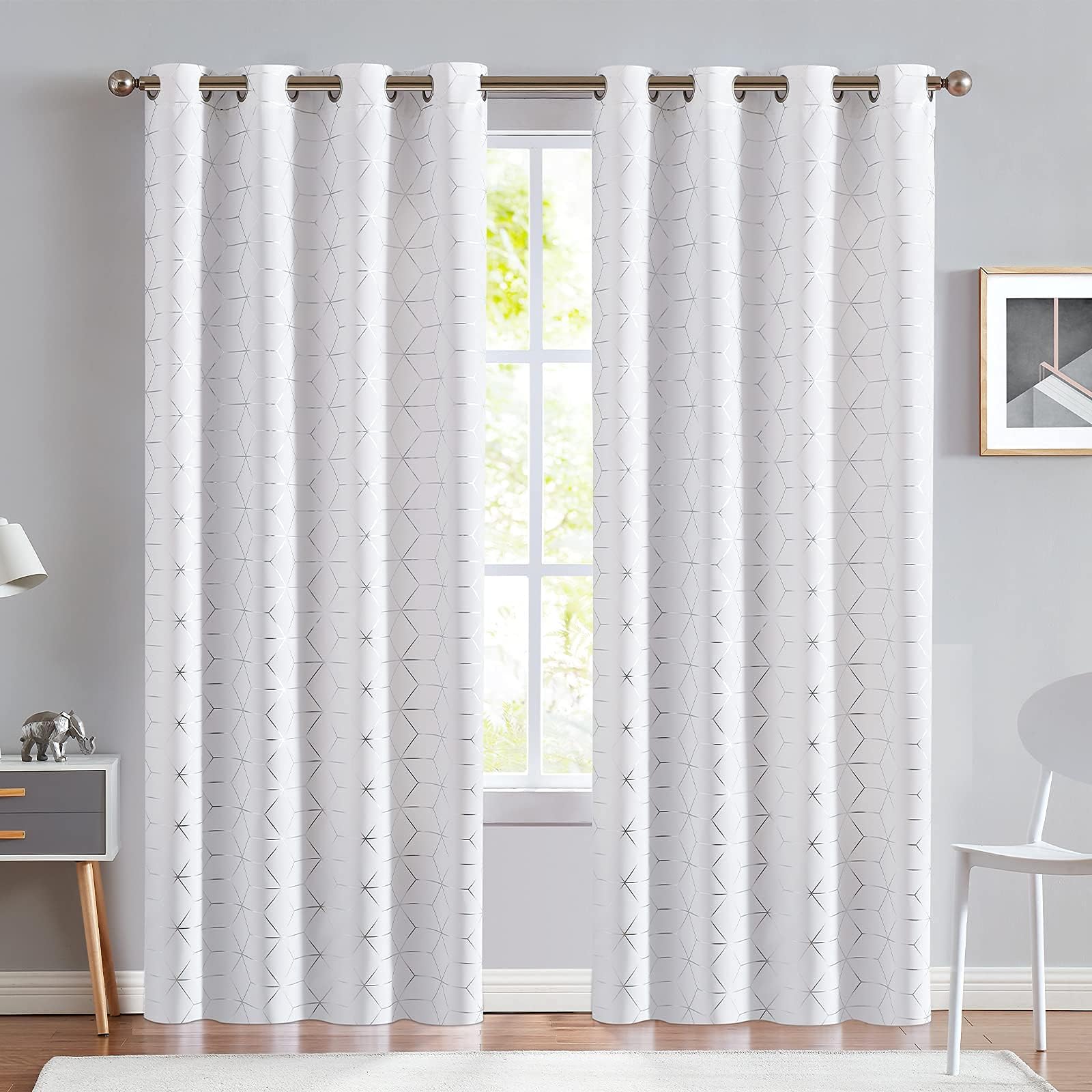 jinchan White Curtains for Bedroom, Silver Foil Diamond Printed Thermal Light Filtering Curtains for Living Room Window Curtains 84 Inch Length Set 2 Panels White