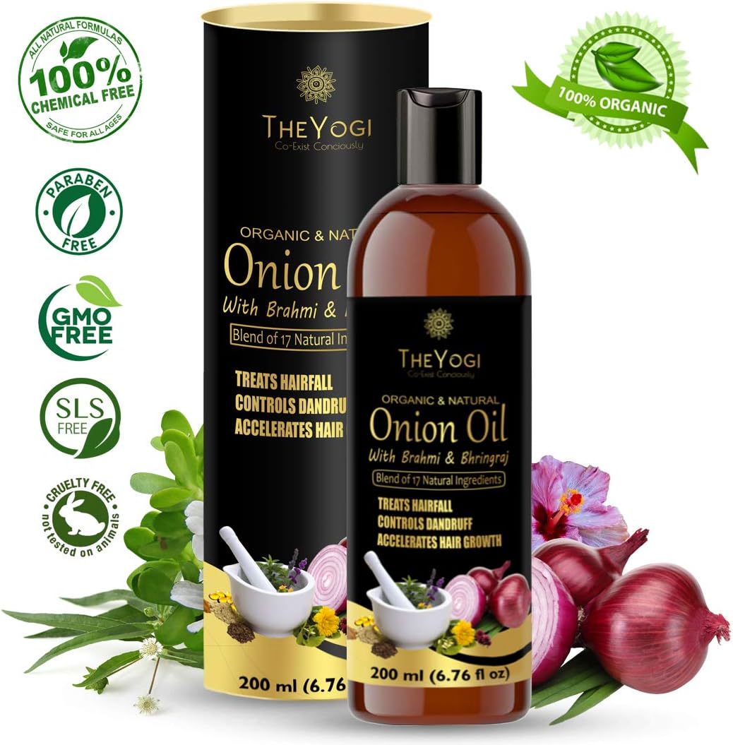 Organic Onion Oil for hair regrowth with Bhringraj | Brahmi & 17 Essential oils | hair fall & damage control | Complete Hair Treatment | Jojoba, Argan, Neem, Shea, Castor, Sunflower, Amla
