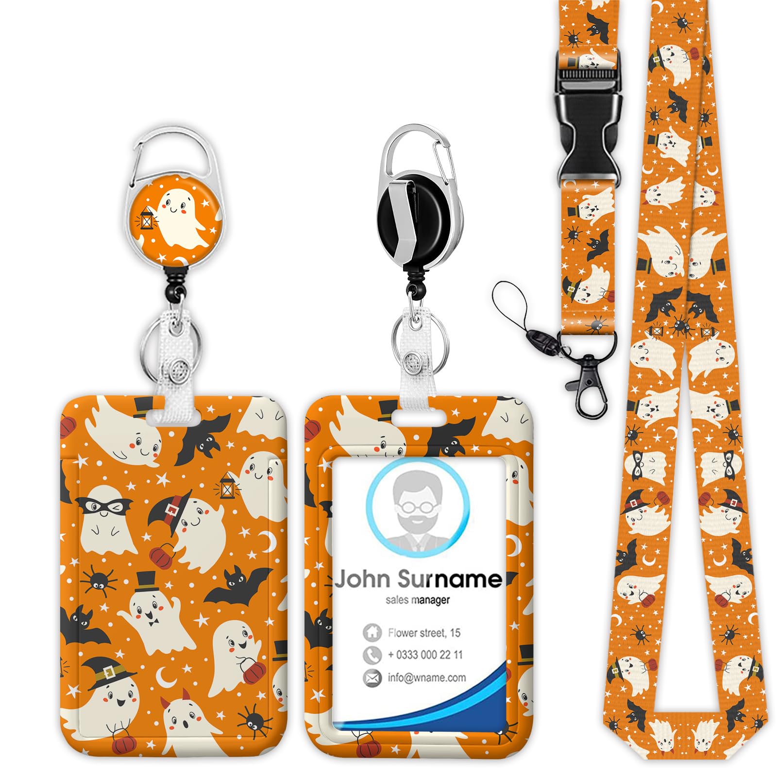 Halloween Ghost Badge Holder Reel Lanyard, Bats Skull ID Card Badge Holder Retractable Name Tag Clips, Funny Nurse Teacher Office Student Gifts