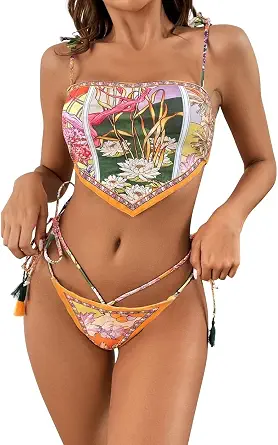 Women's Bandana Bikini Set Boho String Bikini Adjustable Spaghetti Straps Sexy Thong Tassel Tie Sides Swimsuit
