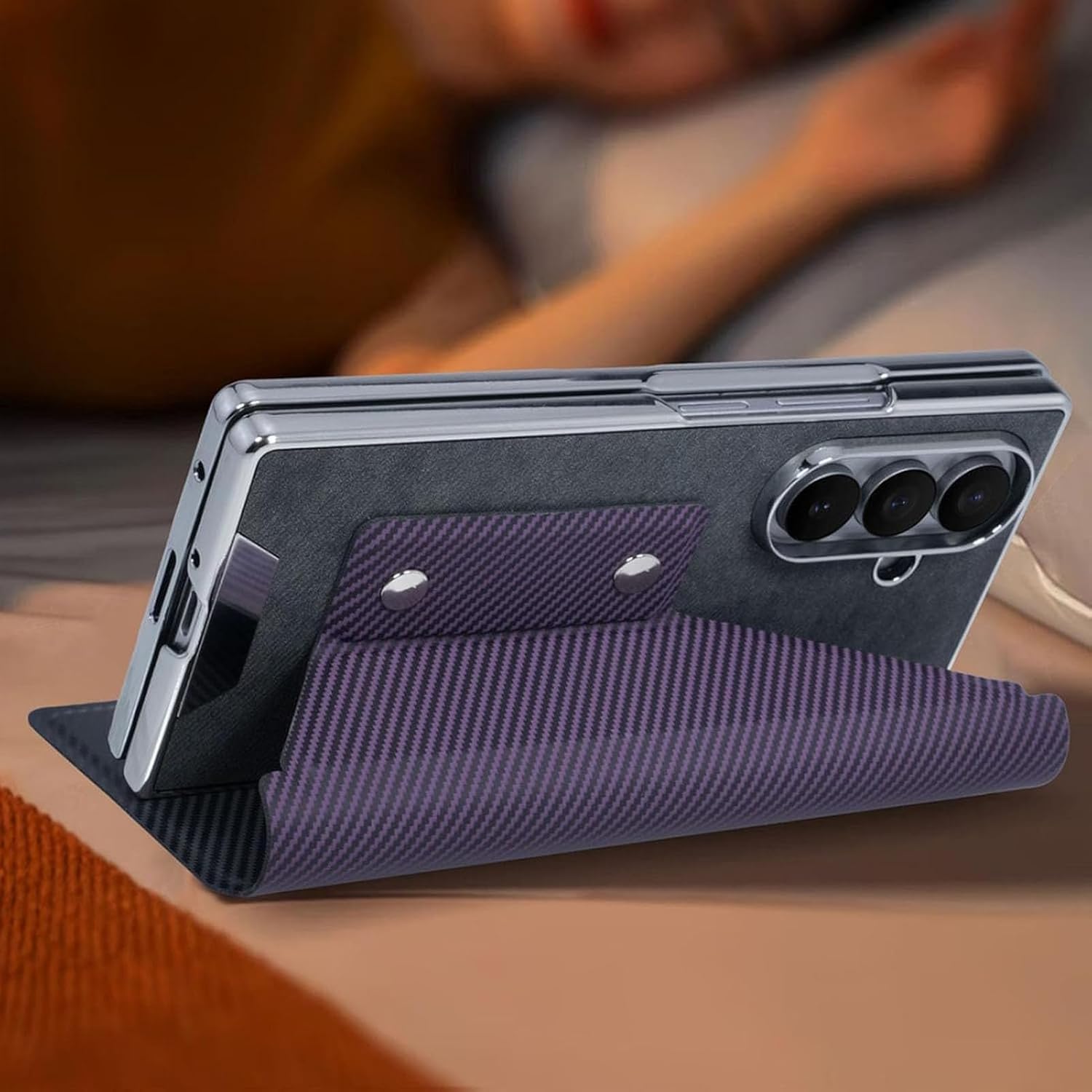 Carbon Fiber Flip Case for Samsung Galaxy Z Fold 7, Leather Business Cover with Screen Protector, Card Slots & Stand(Brown)