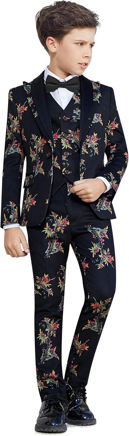 Marvelous World Boys' 4-Piece Slim Fit Printed Tuxedo Suit Set, Jacket, Vest, Pants and Bow tie