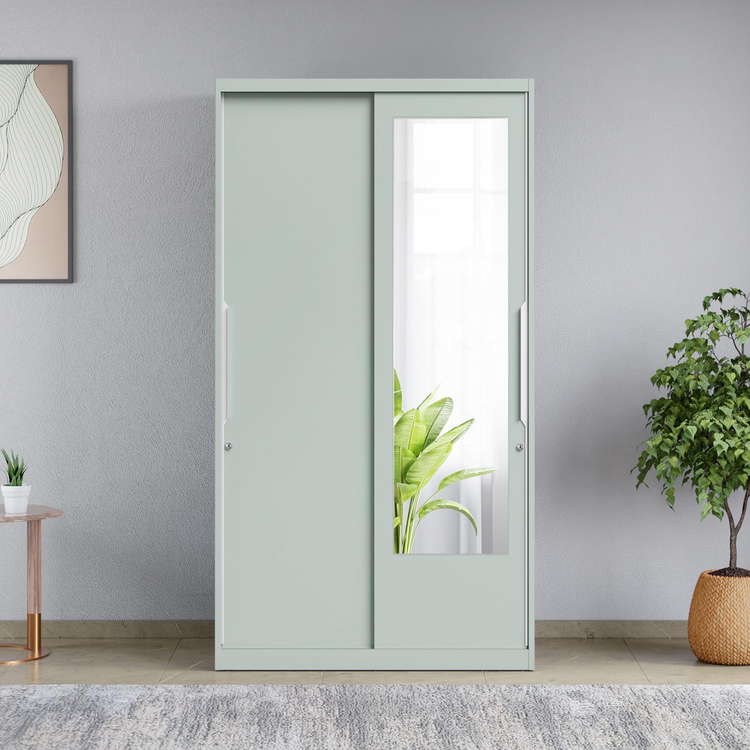 Interio by Godrej Slide N Store Compact 2-Door Steel Wardrobe with Mirror (Matte Sky Gray), 1-Year Warranty, 1 Drawer-image-34