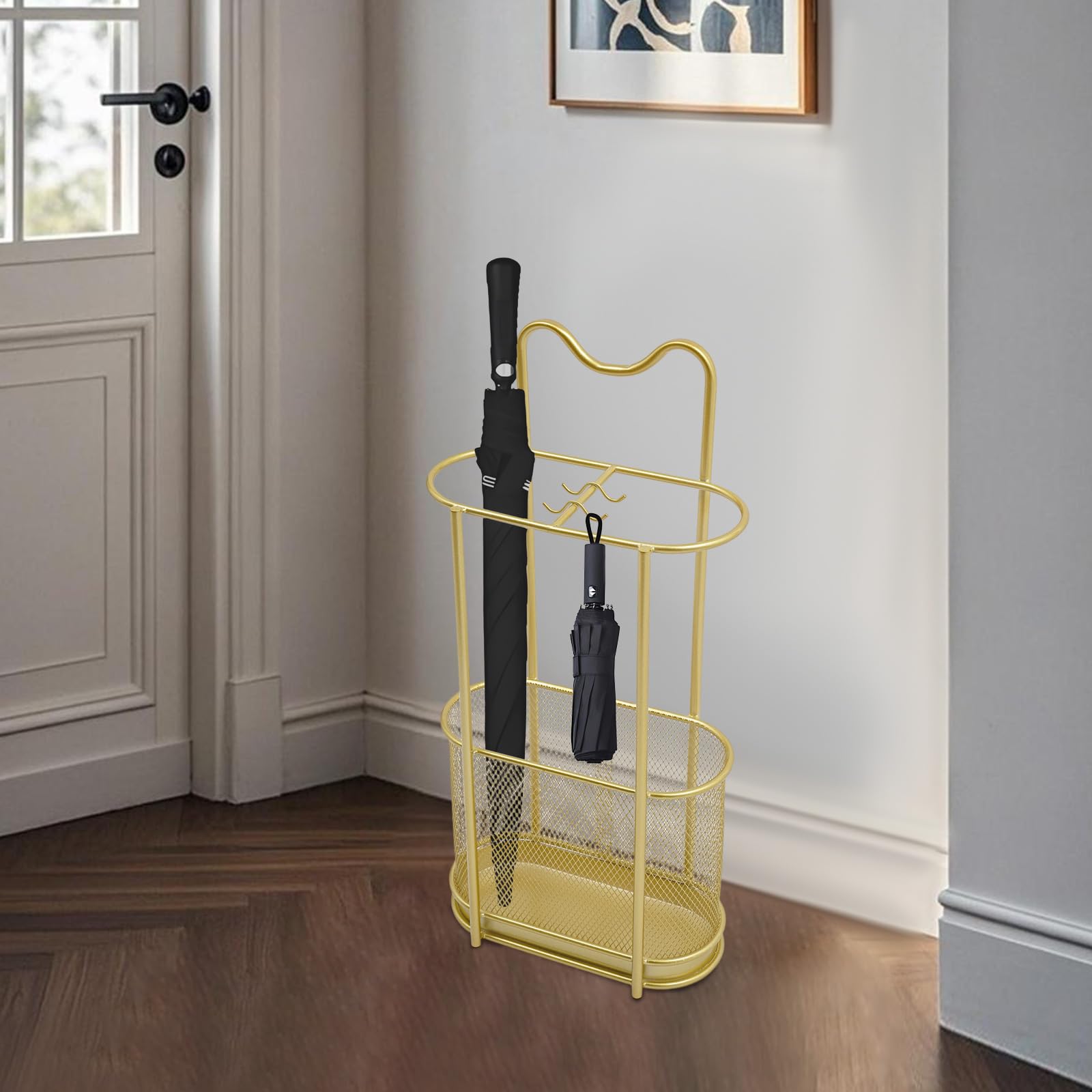 Portaombrelli autoportante in metallo, moderno portaombrelli con gancio e vaschetta scolapiatti, ombrelli, organizzazione bastone da passeggio, 30 x 15 x 60 cm (oro)