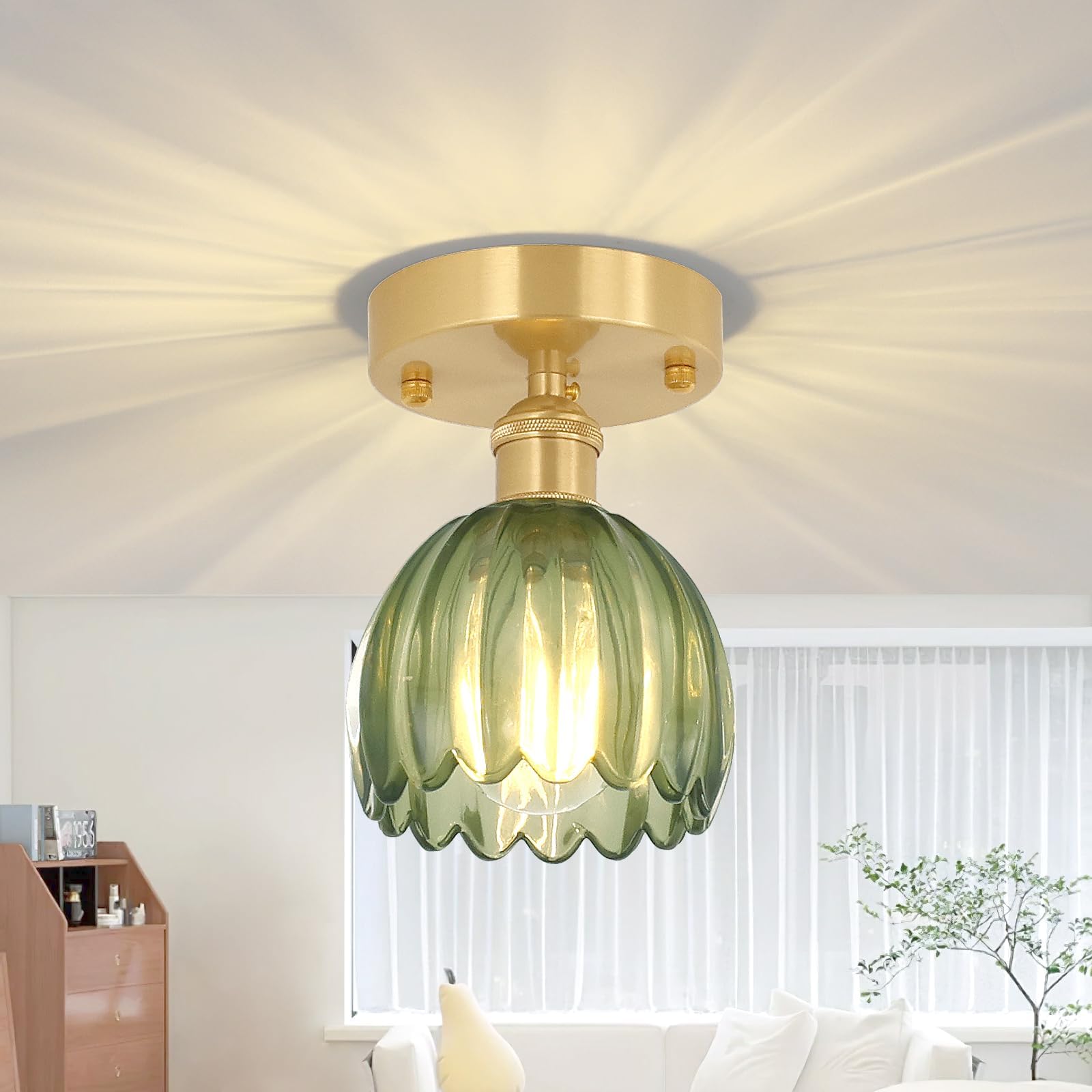 Shenmoyl Semi Flush Mount Vintage Lights - Gold Hallway & Porch, 4.72" Base Modern Ceiling Light Fixture, Green Tulip Glass, Bulb Included