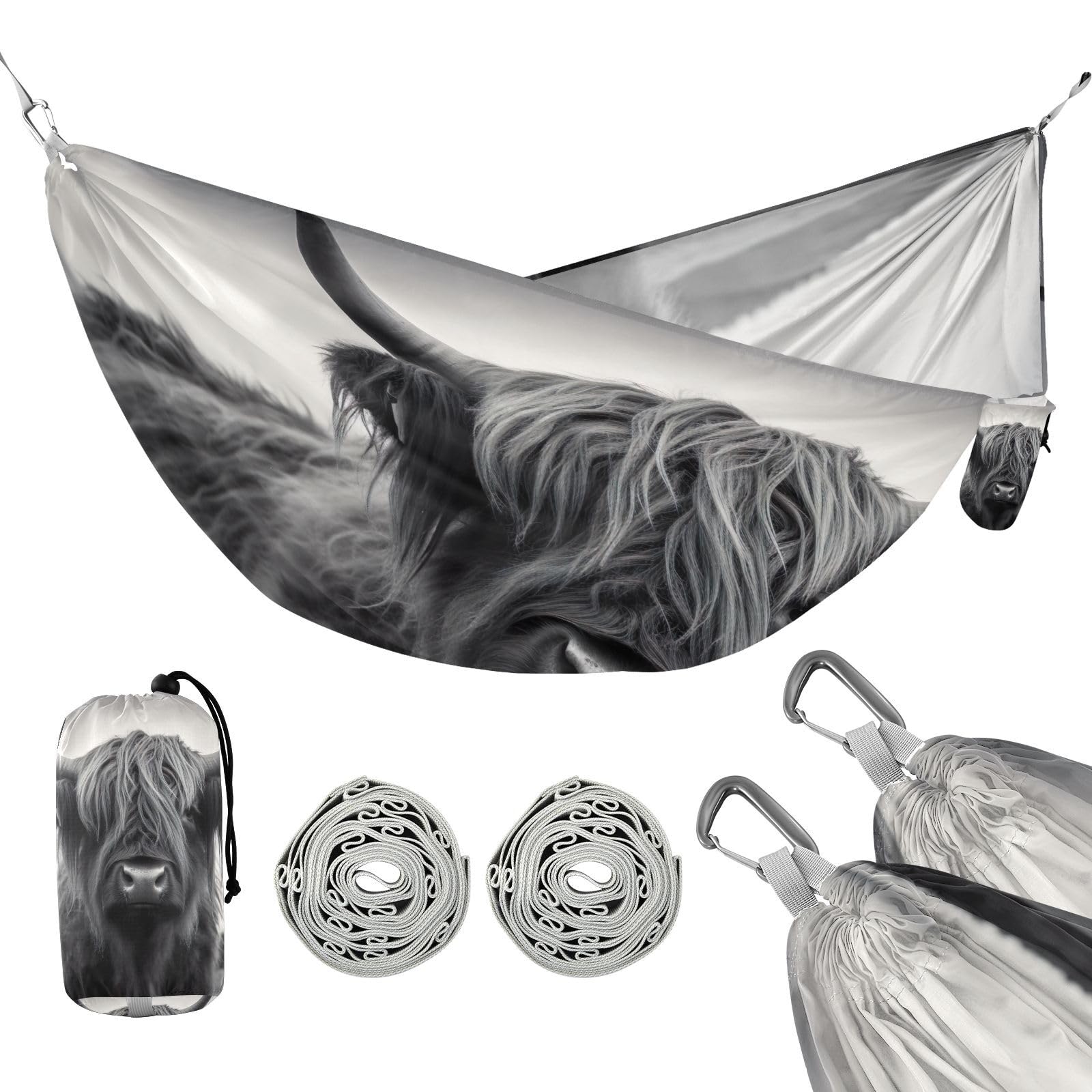 SDMKA Highland Cow Gray Camping Hammock, 330 lbs with 2 Tree Straps, Carry Bag, Single Portable Hammock for Outdoor/Indoor, Hiking, Beach, Backpacking, Travel