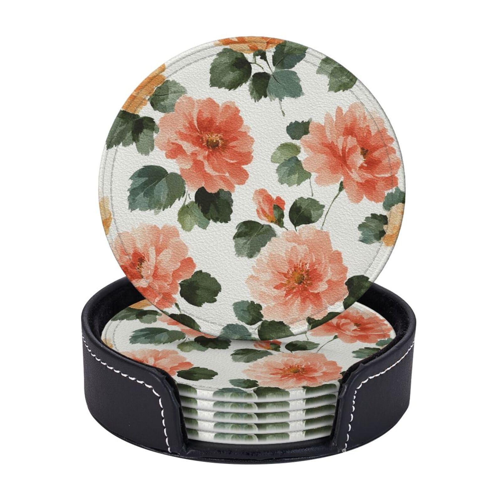 Drink Coasters 6 PCS Round Leather Coaster Flowers and leaves Coasters for Drinks Non-Slip Mugs Pads with Holder Personalized Cups Pad Mat for Coffee Table Kitchen 10 CM
