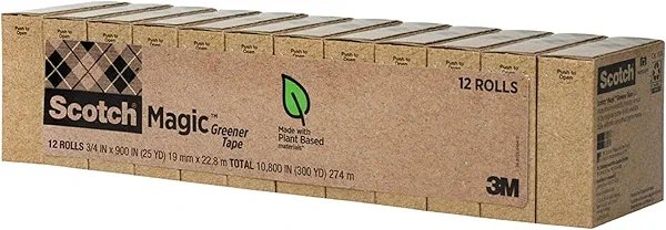 Scotch Magic Greener Tape, Invisible Tape for Fixing Paper, Office Supplies and Back to School Supplies, 0.75 in .x 900 in., 12 Rolls