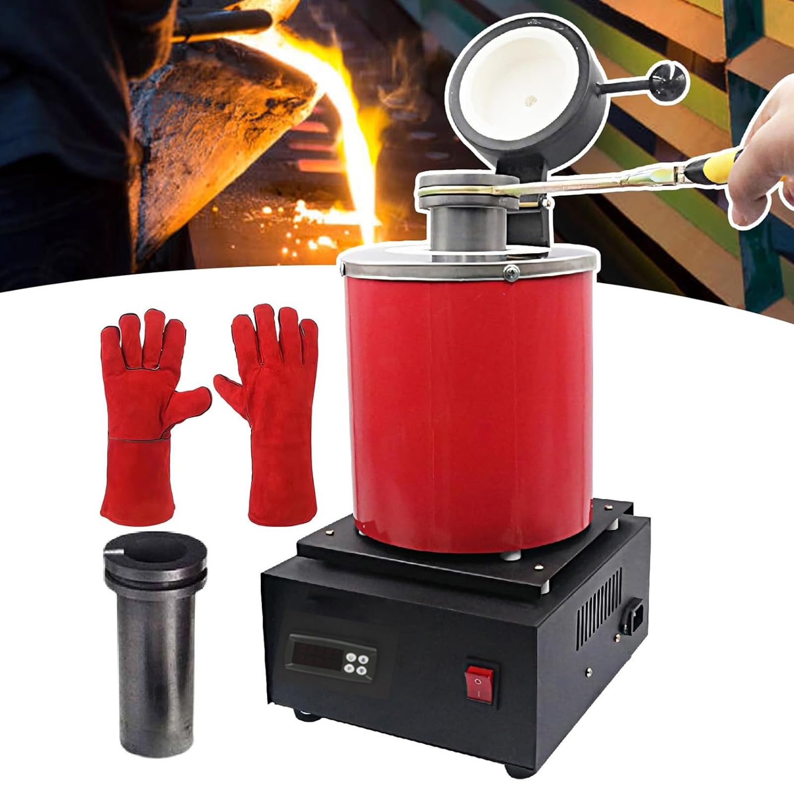 Pnpaea Electric Gold Melting Furnace,1150℃ Digital Metal Smelting Machine,Metal Casting Kit With Graphite Crucible For Melt Scrap,Refining Casting Furnace withoutSchutznetz-Red2kg