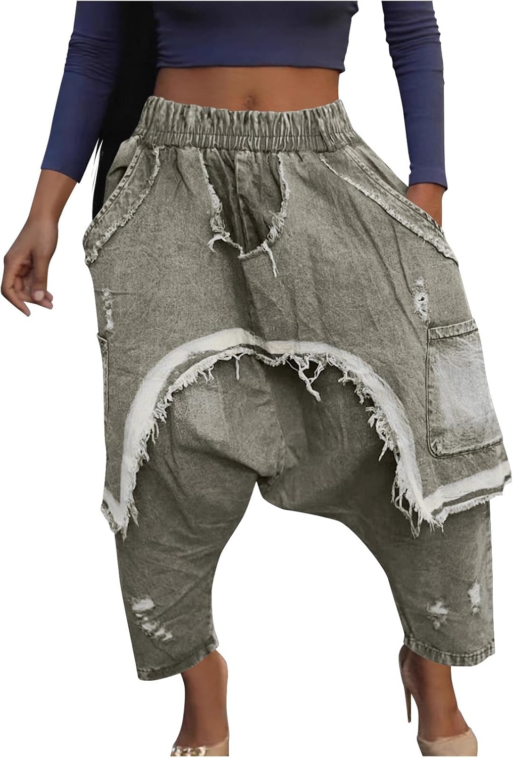 Women's Denim Harem Pants Patchwork Ripped Jeans Elastic Waist Loose Stretchy Trendy Barrel Jeans with Pockets
