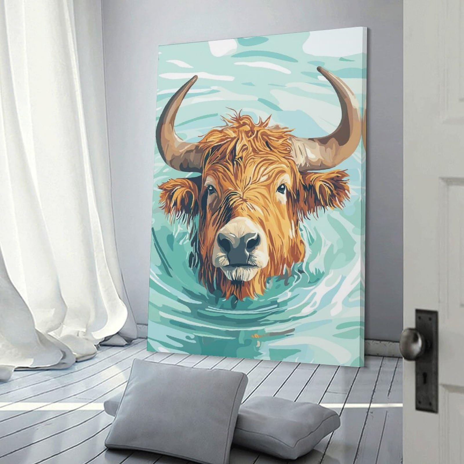 Junmoney Frame-Style-2 Swimming Highland Cow Illustration Wall Art Print, 24X36inch(60X90cm), For Workspace Walls, Study Corners Or Bedrooms, A Smart Decor Choice For Study Walls