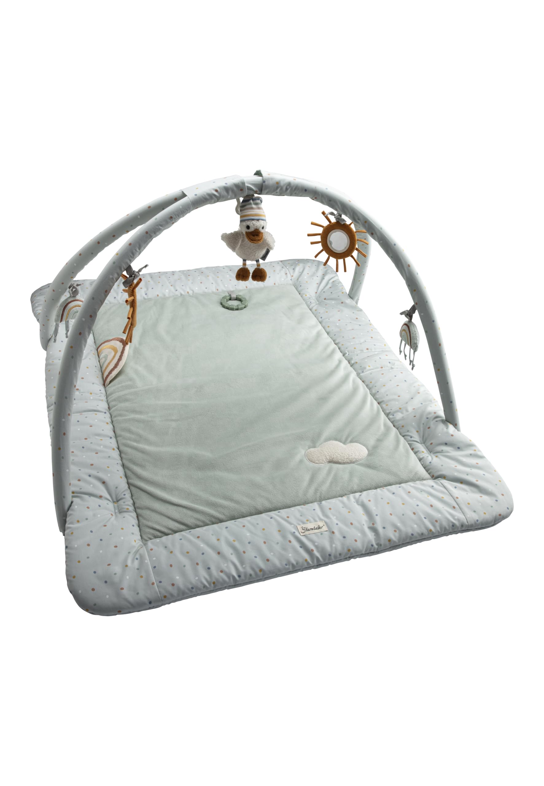 Spielbogen Ente Edda Lou, Baby Krabbeldecke 80 x 100 cm mit abnehmbarem Spielzeug und Kuscheltier, Spieldecke