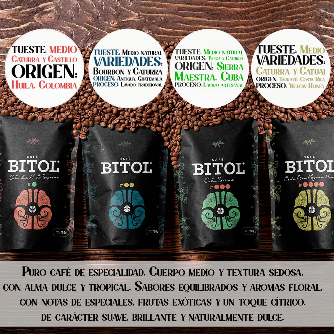 Pack Degustación BITOL | 4 Cafés de Especialidad 100% Arábica de Origen Único 4 x 125 gr + Molinillo Manual | Notas de Chocolate, Caramelo, Frutos Secos | Dulzura Natural | Equilibrado
