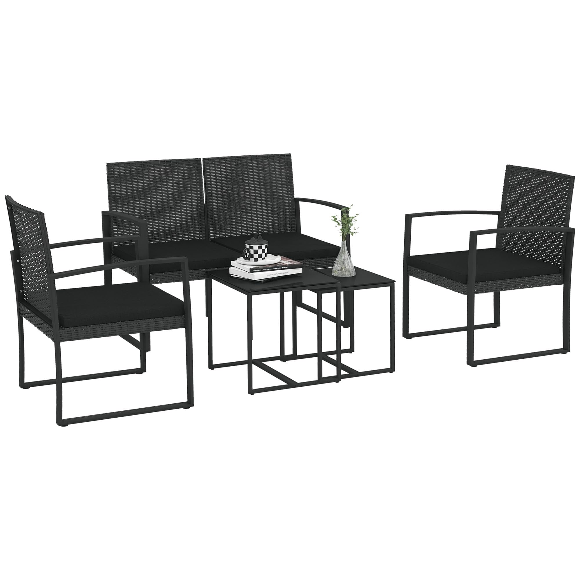 Outsunny Conjunto de Muebles de Jardín de Ratán Sintético 5 Piezas Negro | Conjunto Jardín Exterior, 2 Sillones, 1 Sofá de 2 Plazas, 2 Mesas de Centro, para Patio Terraza