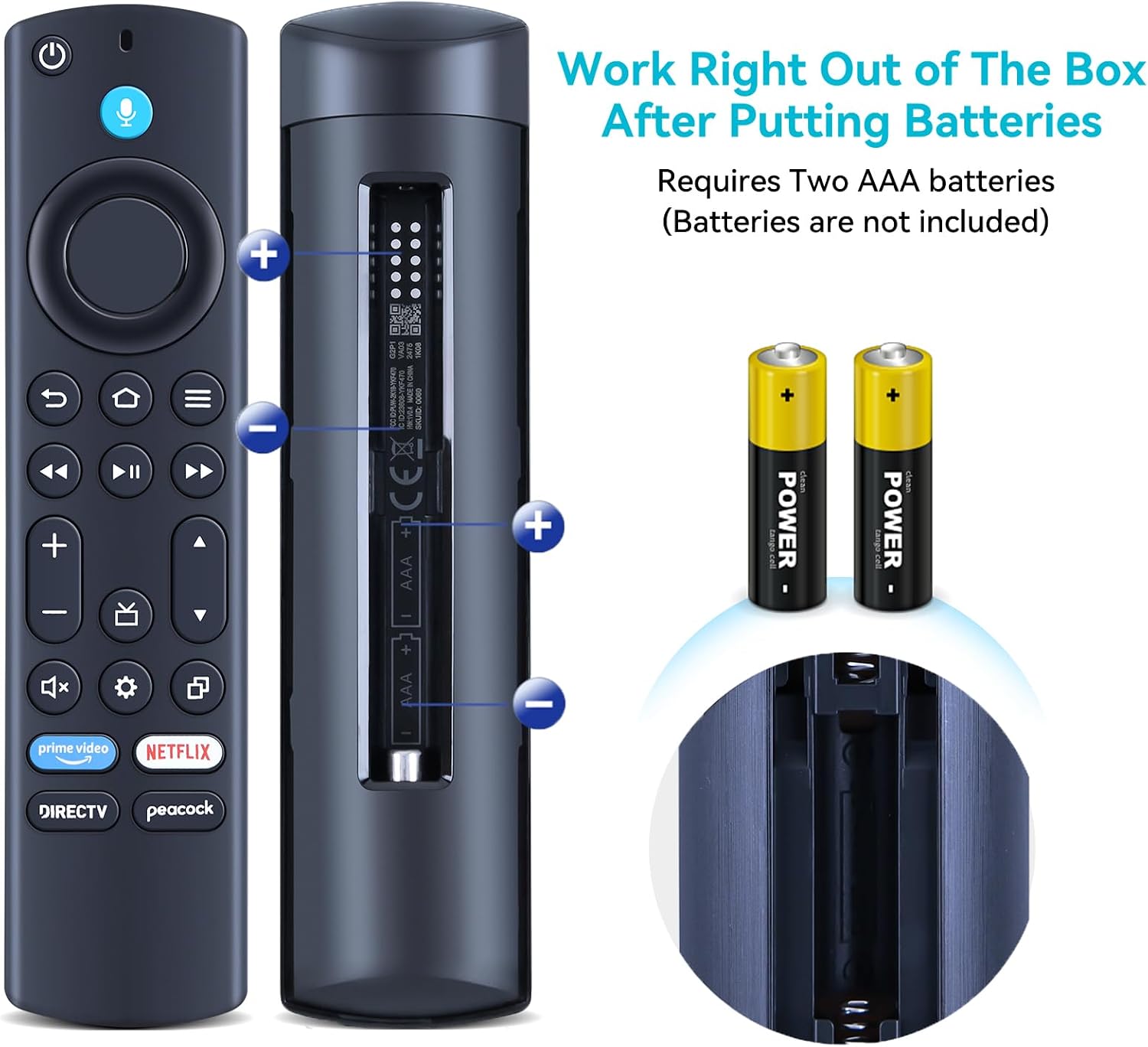 Tilbage view of remote control showing open battery compartment and battery insertion